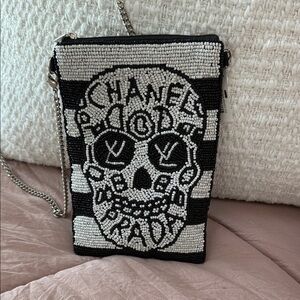 Black and White Beaded Skull Bag